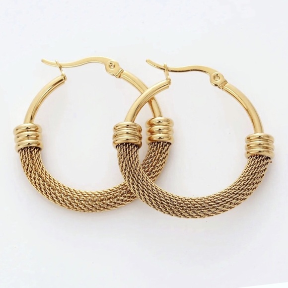 New Anthro Gold Textured Hoop Earrings - Picture 4 of 14